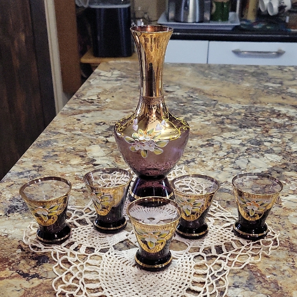 Amethyst and Gold Ucago Decanter And Glasses